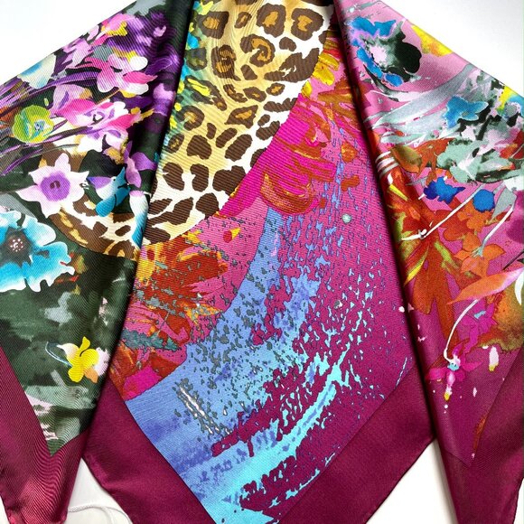 Salvatore Ferragamo Scarf Leopard in Flower Garden Burgundy Wine Silk Wrap